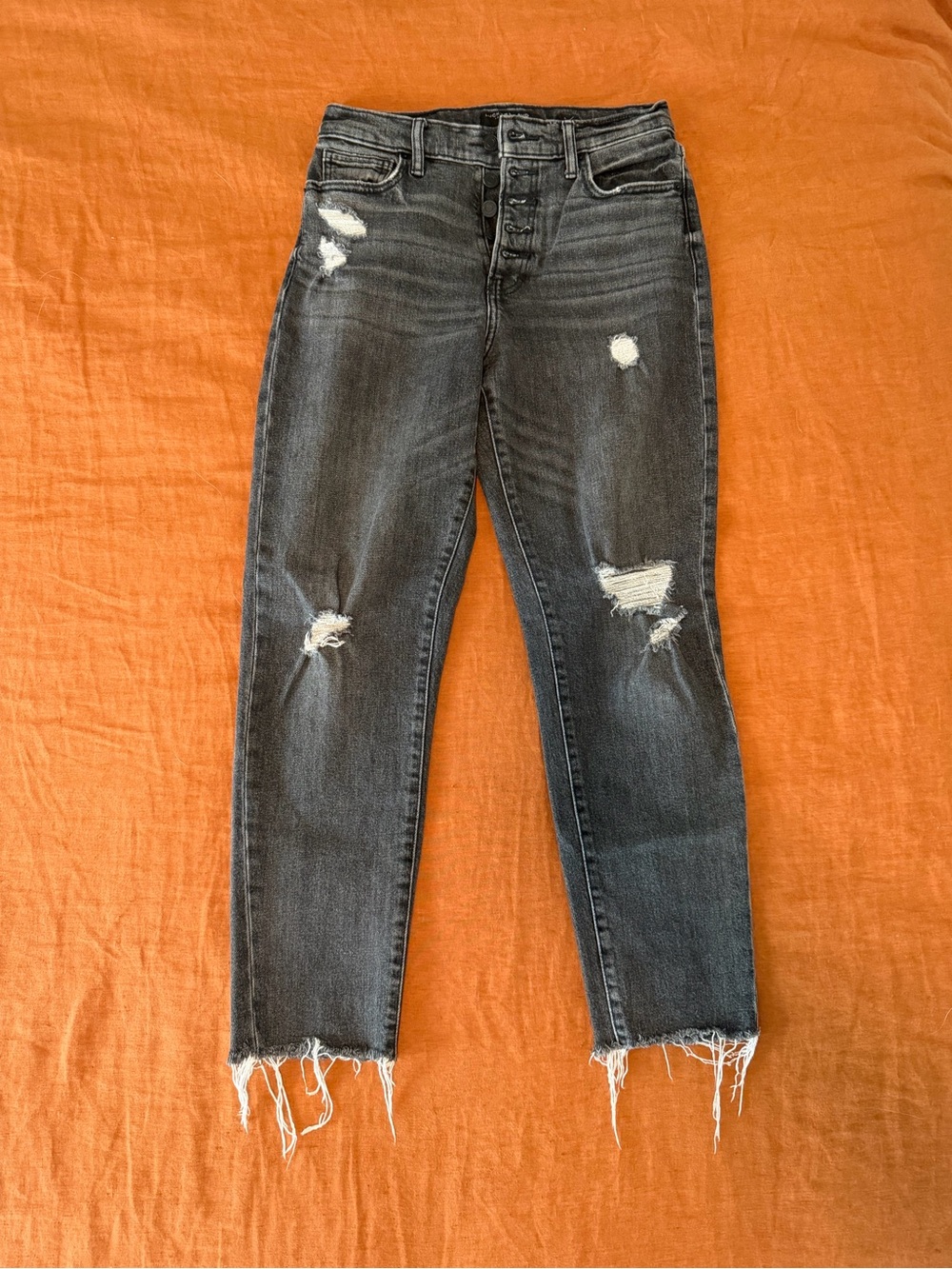Lucky Brand Distressed Gray High-Rise Button-Fly Mom Jeans